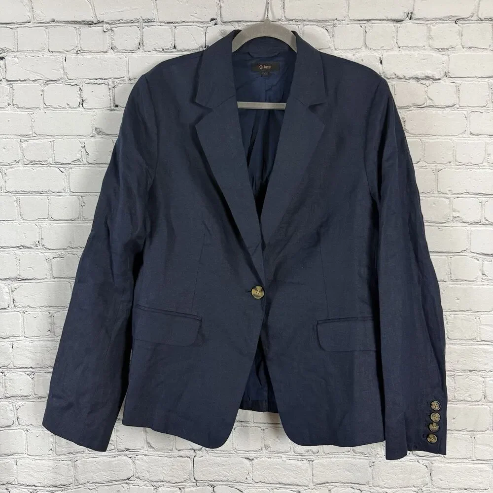 QUINCE European Linen Structured Blazer Jacket Women L Deep Navy Minimalist - Picture 5 of 14
